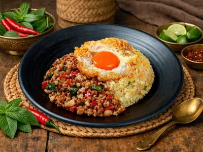 Minced chicken basil krapow with a crisp-edged single-yolk fried egg over wok-hei fried rice, with basil, chilli and lime alongside