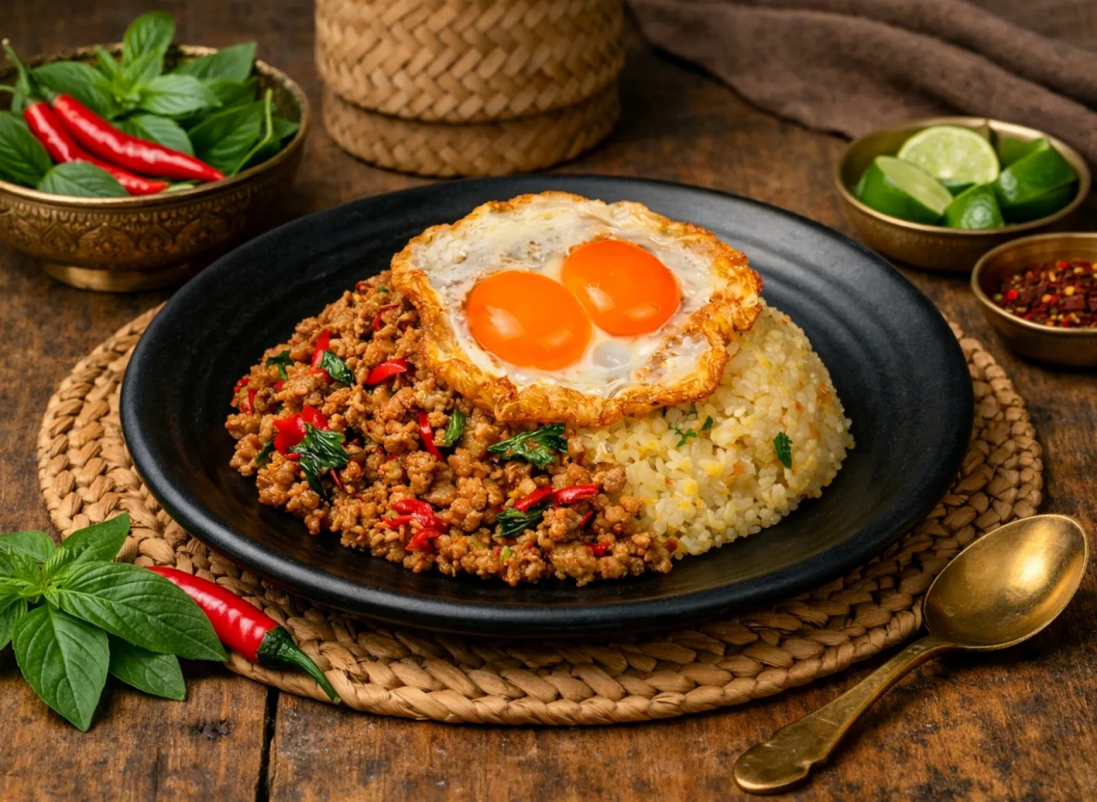 Minced pork basil krapow under a double-yolk fried egg, beside wok-hei fried rice