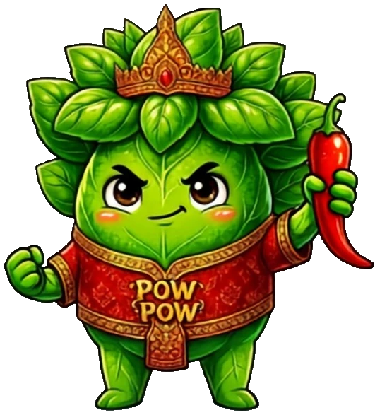 Pow Pow, the crowned holy-basil mascot of King of KraPOW, holding a red chilli