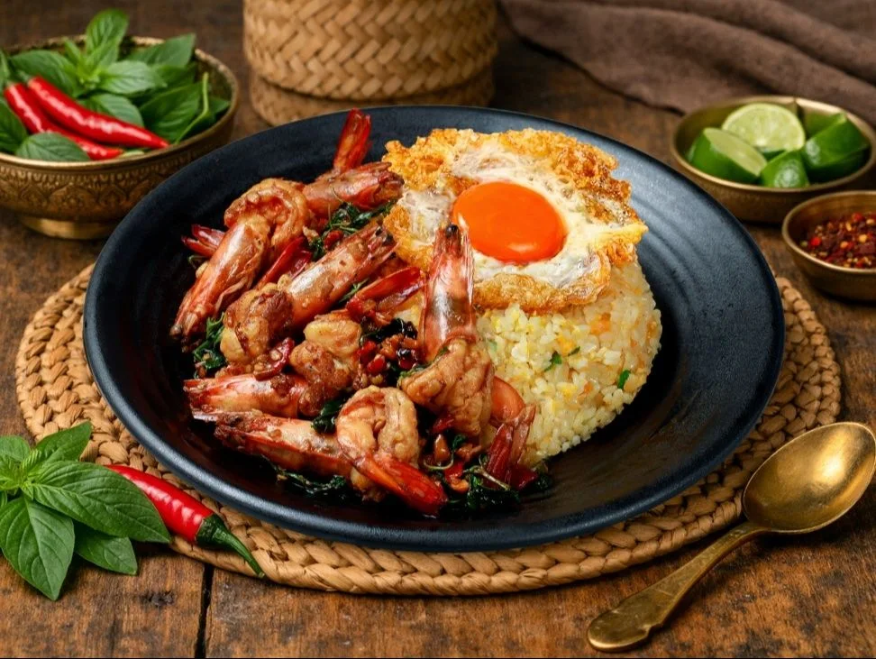 Prawn krapow with basil and a single-yolk fried egg beside wok-hei fried rice